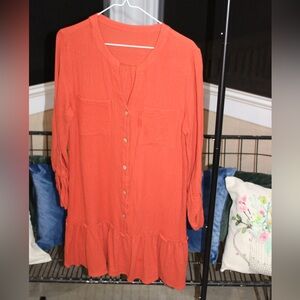 Rust Gauze Button-Front Tunic Top | Ruffle Hem Boho Blouse